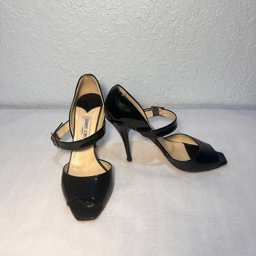 Jimmy Choo Glossy Black Peep-Toe Heels